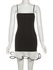 Black Frill Trim Strappy Mini Dress