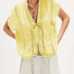 Lace Trim Sheer Tie-up Button Top