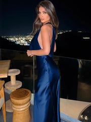 Blue Satin Halter Neck Backless Maxi Dress