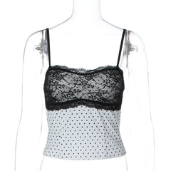 White Lace Patchwork Polka Dot Tank Top