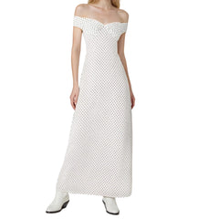 Dotted Off Shoulder Wrap Around Open Back Long Dress