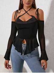 Black Mesh Halter Strap Long Sleeve Top