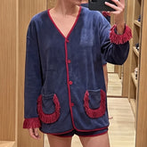 Long Sleeve Button‑Down Tassel Fringe Pocket Top And Elastic Waist Shorts Loungewear Set