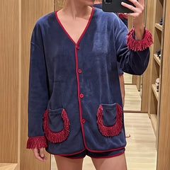 Long Sleeve Button‑Down Tassel Fringe Pocket Top And Elastic Waist Shorts Loungewear Set