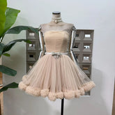 Beige Strapless Tulle Pom Pom Mini Dress