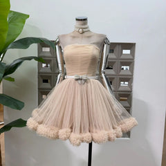 Beige Strapless Tulle Pom Pom Mini Dress