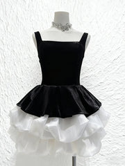 Black Velvet Puff Layered Hem Mini Dress