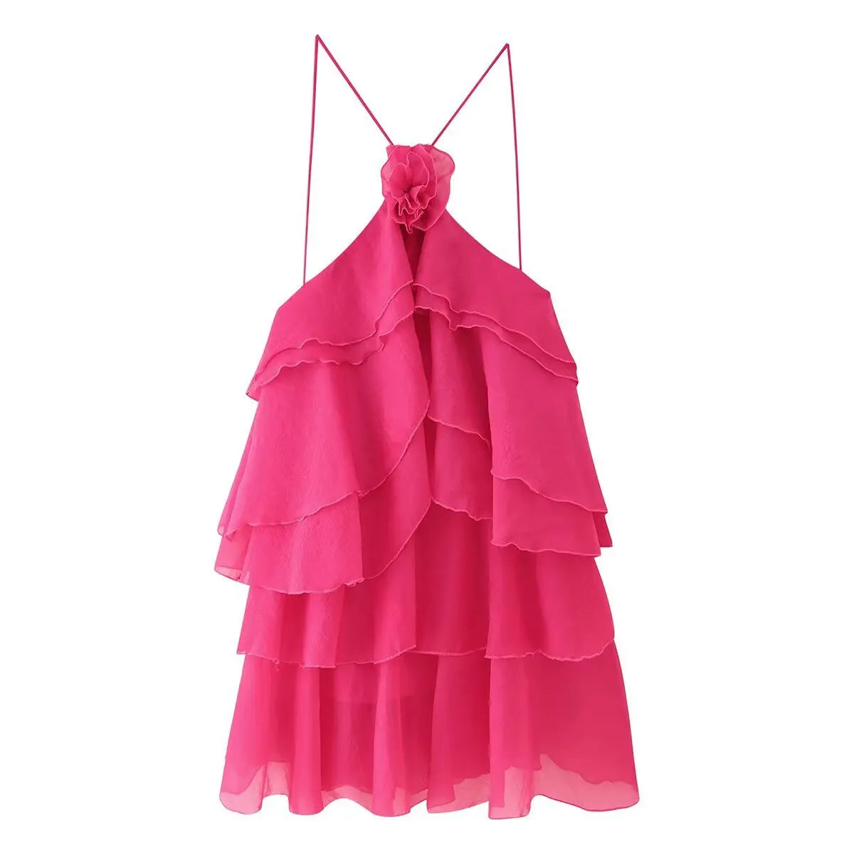Pink ruffled dress with thin straps