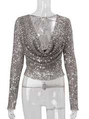 Knit Sequin Cowl Neck Long Sleeve Top