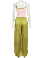 Pink Colour-Blocking Cami Top And Green Elastic Waist Pants Set