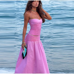 Stripe Patchwork Halter Top And Long Skirt Set