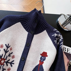 Christmas Print Long Sleeve Buttoned Sweater