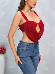 Red Bralette Rhinestone Cowl Crop Top