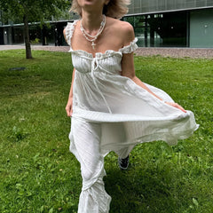 White Ruffle Trim Tie-up Square Neck Sleeveless Long Dress