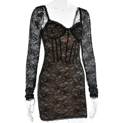 Lace Fishbone Sweetheart-Neck Long Sleeve Mini Dress
