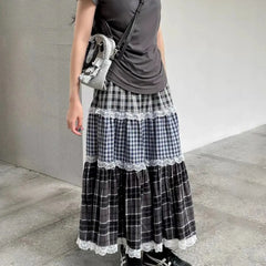 Women's patchwork lace plaid high waist long skirt with A-line silhouette.