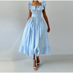 Ruffles Striped Square Collar Buttoned Long Dress