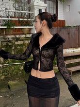 Black Jacquard Fur Trim Crop Top