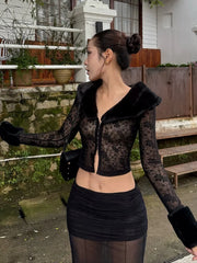 Black Jacquard Fur Trim Crop Top