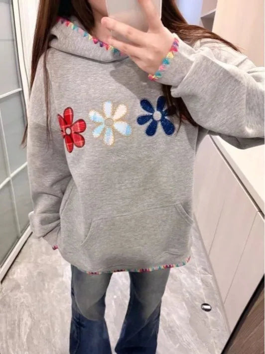 Grey Flower Embroidery Pocket Hoodie