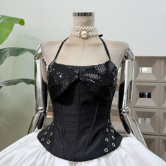 Halter Sequin Corset Crop Top And Bubble Hem Skirt Set