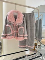 Grey Plush Pink Fur Trim Long Sleeve Shirt And Pants Sleepwear Set