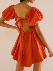 Puff Sleeve Babydoll  Square Neck Tie Back Mini Dress