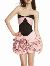 Black Satin Strapless Croset Top And 3d Frill Flower Mini Skirt Two-Piece Set
