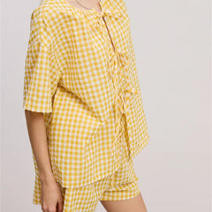 Yellow Short Sleeve O-Neck Tie Front Plaid Top And Shorts Set
