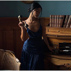 Blue Velvet Ruffles Backless Long Dress