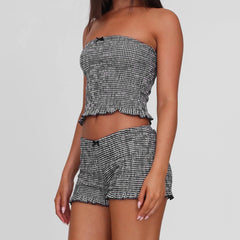 Black Plaid Smocked Tube Top & Shorts Set - Hot Sweet Style