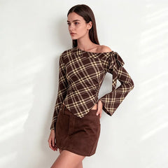 Brown Plaid Off-Shoulder Long Flare Sleeve Top