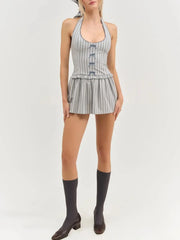 Grey Striped Halter Neck Patchwork Bow Mini Dress