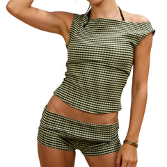 Plaid Crew Neck Sleeveless Vest Top and Shorts Set