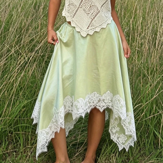 Satin Lace Trim Irregular Hem Midi Skirt