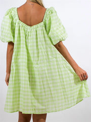Plaid Bodydoll Puff Sleeve Mini Dress
