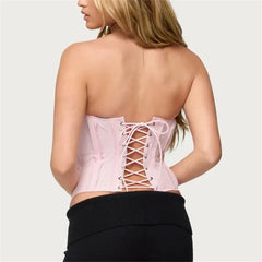 Pink Seam Trim Strapless Lace-Up Bustier Top