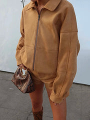 Brown Suede Zipper Jacket With Shorts