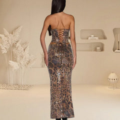 Leopard Print Sequin Strapless Crop Top And Skirt Set