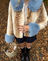 Deer Print Blue Faux Fur Cropped Jacket