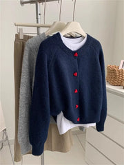 Deep Grey Wool Knitted Heart Buttoned Cardigan