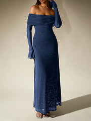 Off-Shoulder Flared Long Sleeve Sequined Maxi Dress