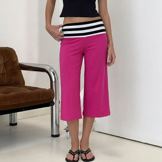 Striped Waist Wide Leg Capri Pants