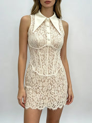 Lace Sleeveless Button Up Mini Dress