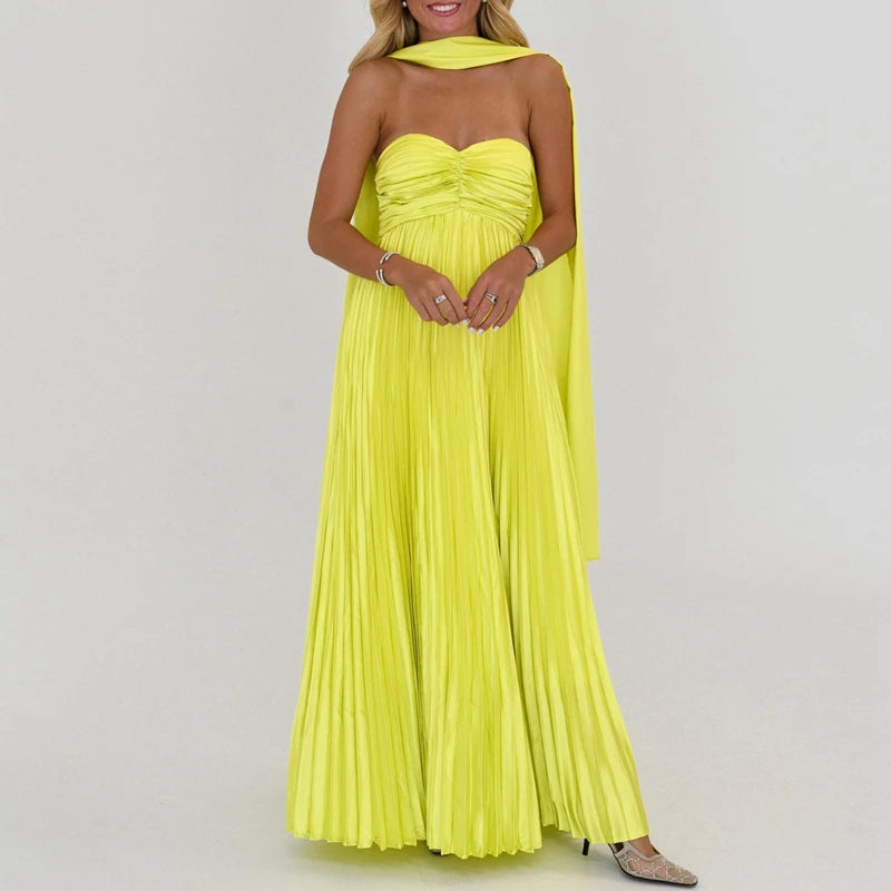 Women's multi-color strapless maxi dress with empire waist.