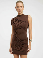 One Shoulder Round Neck Ruched Mini Dress