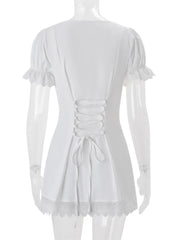 White Lace Ruffled Short Sleeve Buttoned Mini Dress