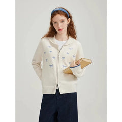White Bow Embroidery Zipper Cardigan