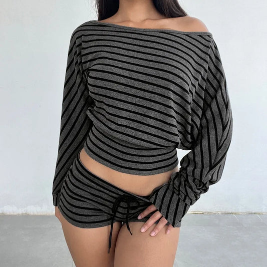 Grey Striped One-Shoulder Long-Sleeve Top and Shorts Matching Set