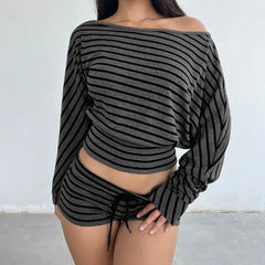 Grey Striped One-Shoulder Long-Sleeve Top and Shorts Matching Set